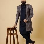 Stunning Mirror Embroidered Grey Open Sherwani with Navy Blue Kurta Pajama for Men - Father Son Combo | Jaipurio